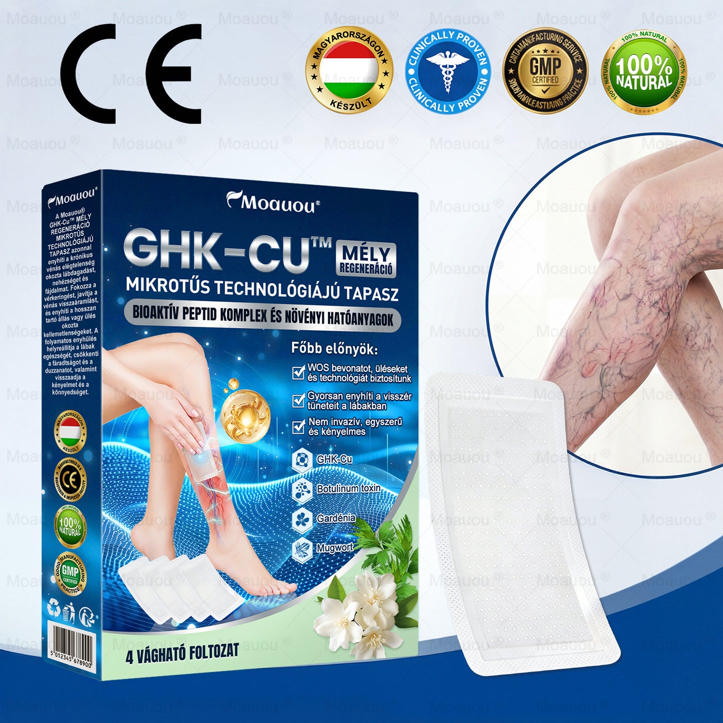 🇭🇺👨‍⚕️✅Moauou® GHK-Cu™ Mikrotűs Regeneráló Tapasz – ⚡kevesebb duzzanat, könnyebb lábak, kevésbé látható erek már 7–14 nap alatt